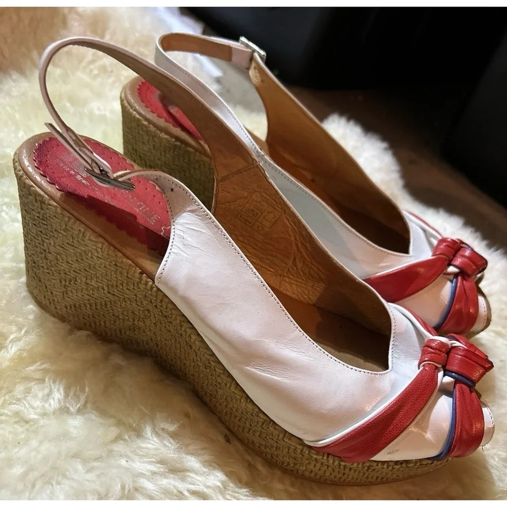 Florentine Peep Toe Bow Wedge‎ Espadrille Sandals, Size 10.5